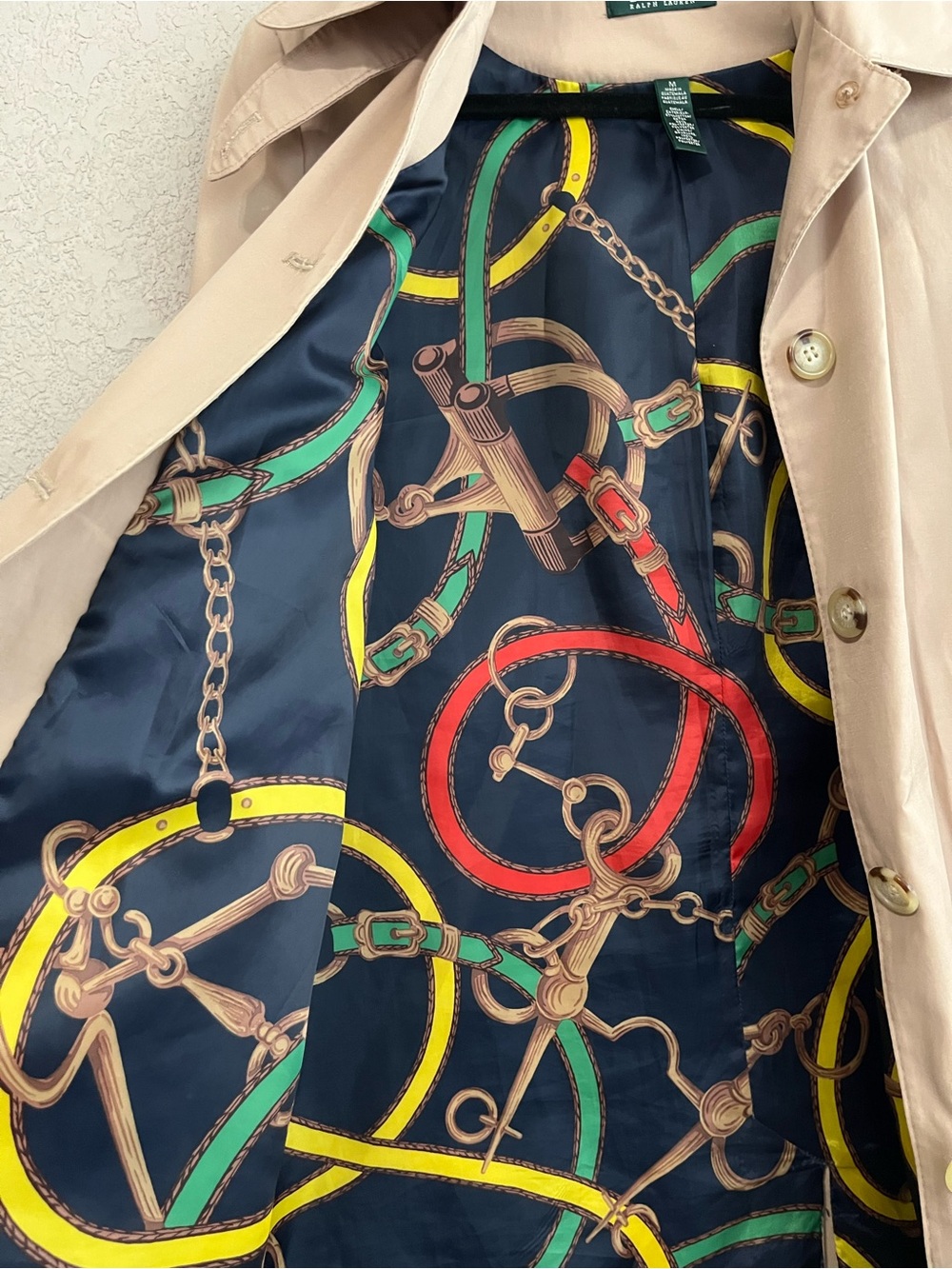 Lauren Ralph Lauren Trench Rain Coat Removable Hood Equestrian Print Lining Med.